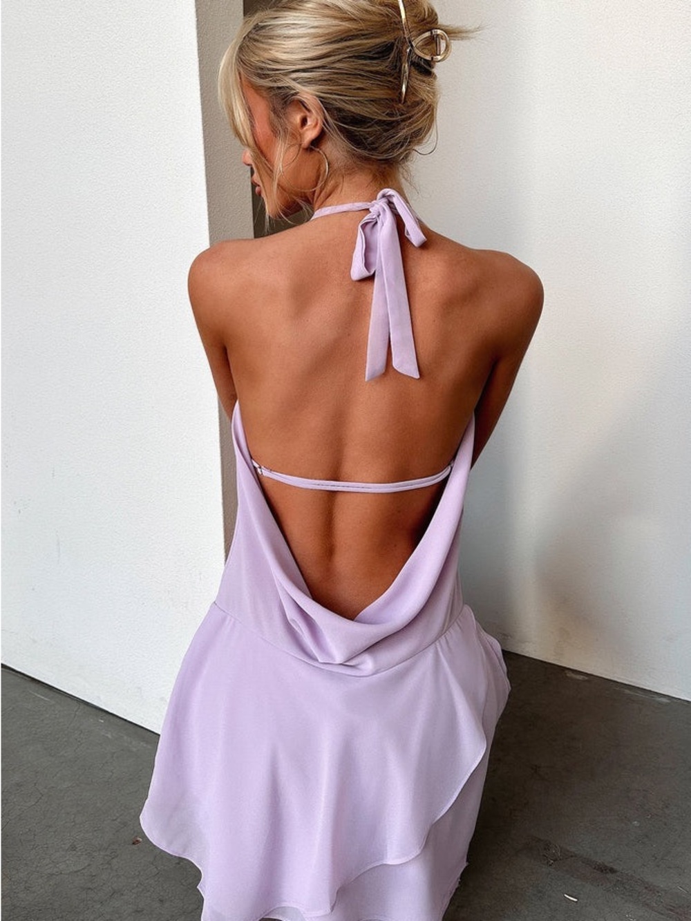 That’s So Fetch Cleo Plunge Cowl Neck Mini Dress - Lilac - Picture 5 of 6